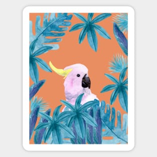 Cockatoo with tropical leaves in watercolor and a coral background Sticker